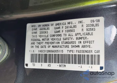 2009 Honda Accord 2.4 Ex-L из США, поврежденный, VIN 1HGCS12869A005115